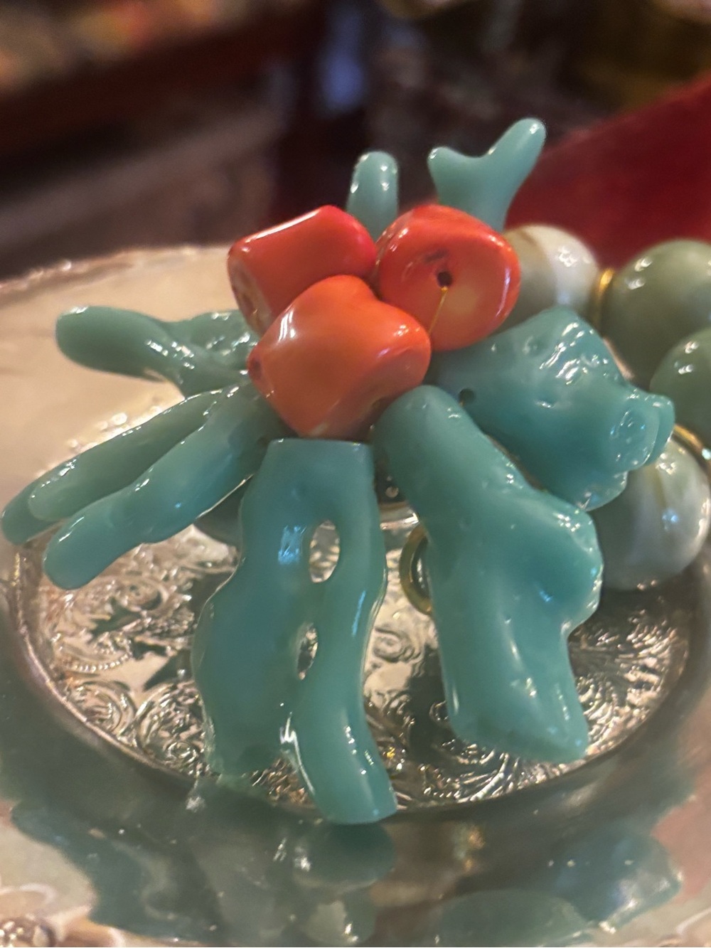 Turquoise Coral Cluster Bracelet with Orange Accents
